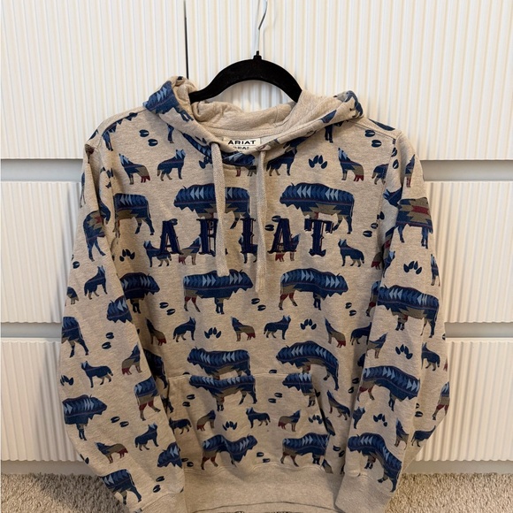 Ariat Tops - Ariat Tan Hoodie with Blue and Brown Animal Design